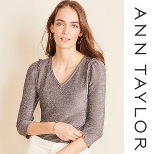Ann Taylor grey metallic V-neck Ruffle stretchy 3/4 sleeve blouse top*NWT